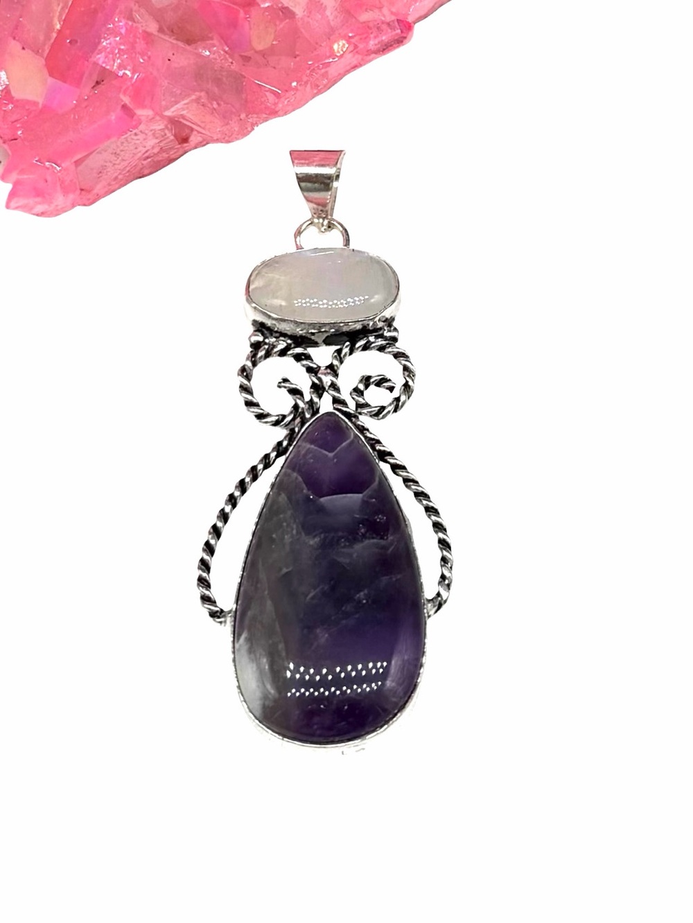 Amethyst & Rainbow Moonstone Necklace Pendant 925 Sterling Silver Overlay